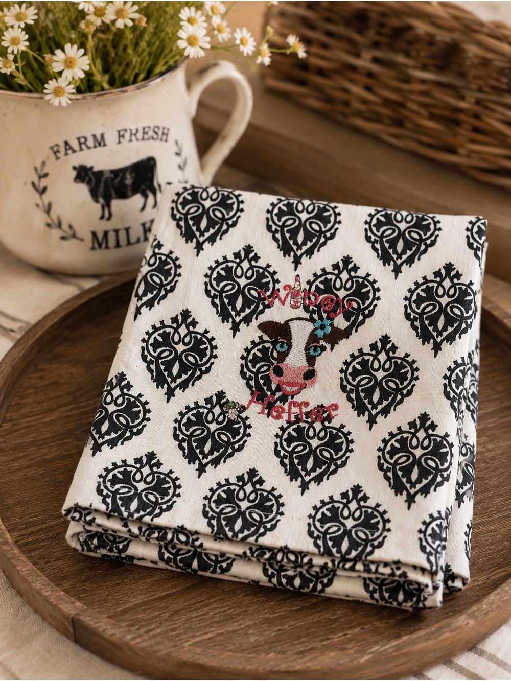 Embroidered Cow Print Kitchen Towel - Black on Cream Winey Heffer